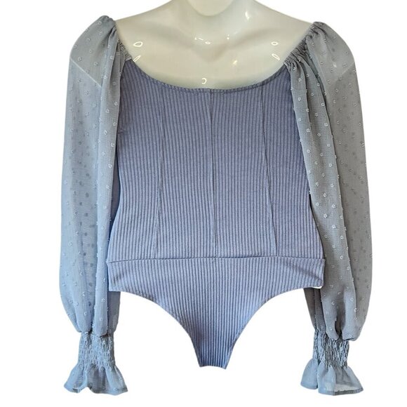 Promesa Periwinkle Bodysuit Dotted Swiss Balloon Sleeves with Flared Cuff Medium - Picture 4 of 9